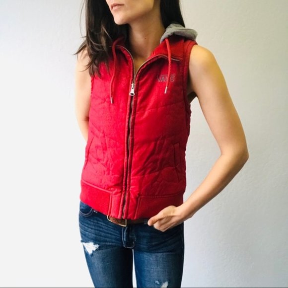 Vans Jackets & Blazers - VANS Red Zip Hooded Puffy Puffer Vest